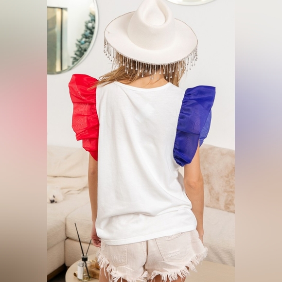 BiBi USA Theme Color Block Organza Ruffle Sleeve Top - Picture 5 of 8